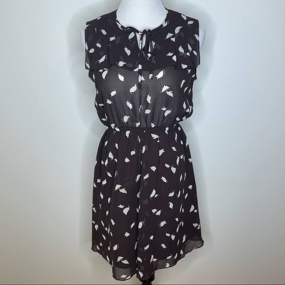 Vintage 90s Japanese Brown White Floral Leaf Print Sleeveless Dress S/M